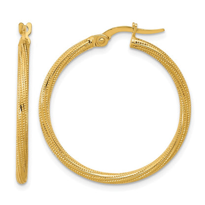 14K Yellow Gold Polished And Textured Twisted Tube Hoop Earrings