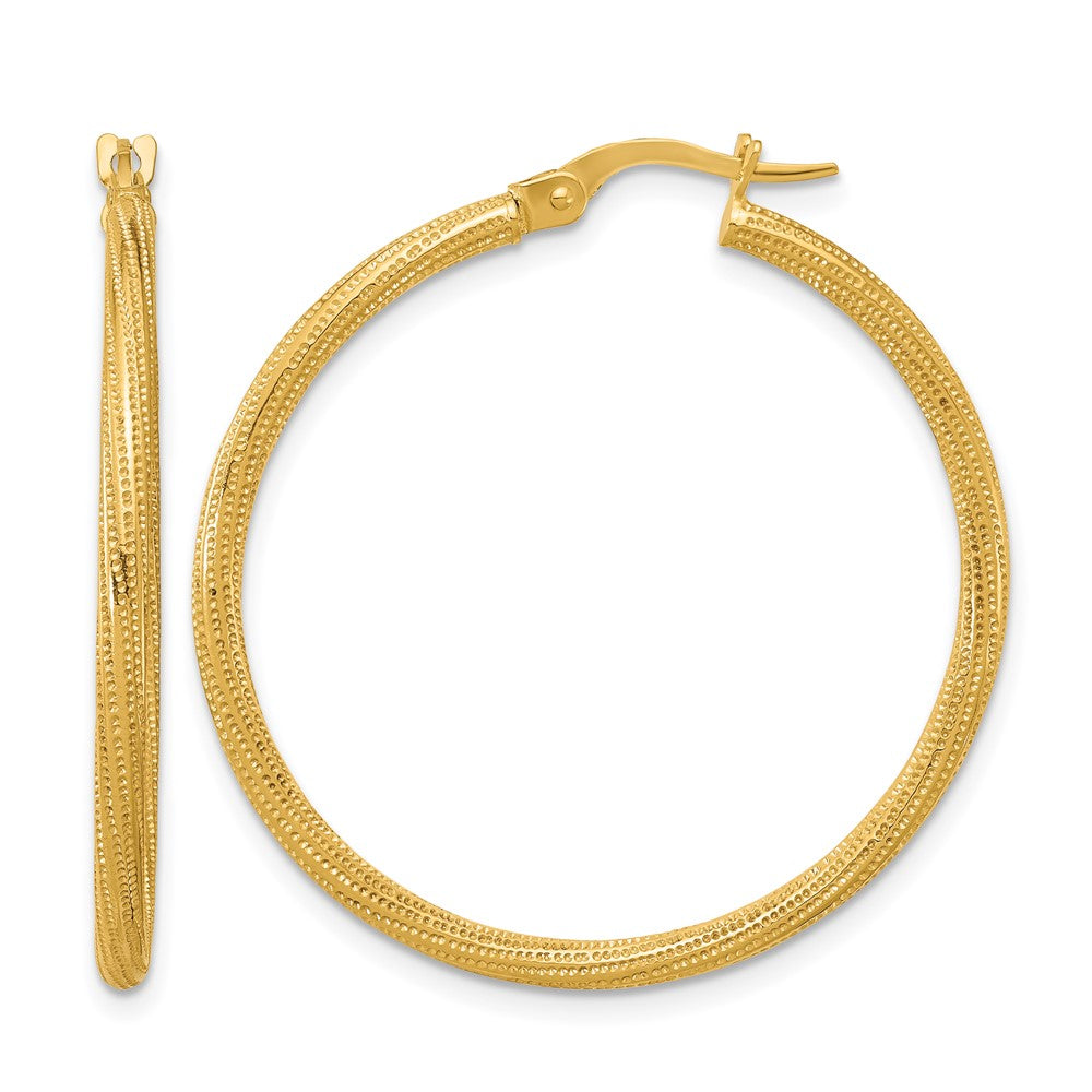 14K Yellow Gold Polished And Textured Twisted Tube Hoop Earrings