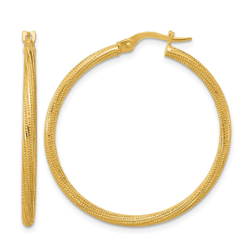14K Yellow Gold Polished And Textured Twisted Tube Hoop Earrings