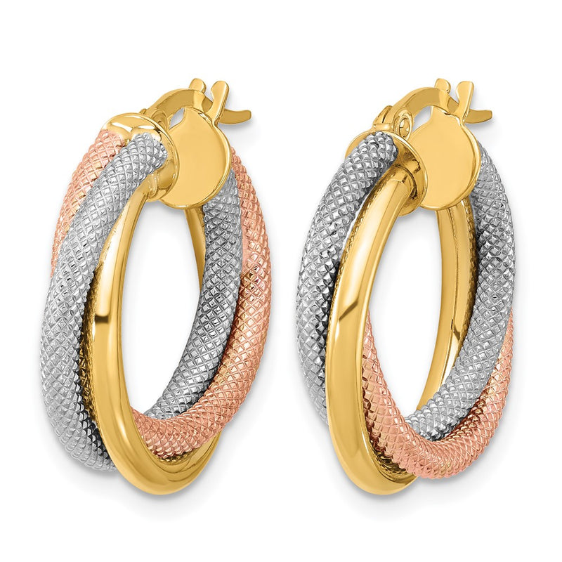 14K Yellow & Rhodium With White And Rose Gold Plating Twisted Tube Hoop Earrings