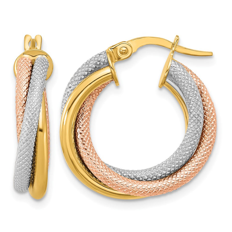 14K Yellow & Rhodium With White And Rose Gold Plating Twisted Tube Hoop Earrings