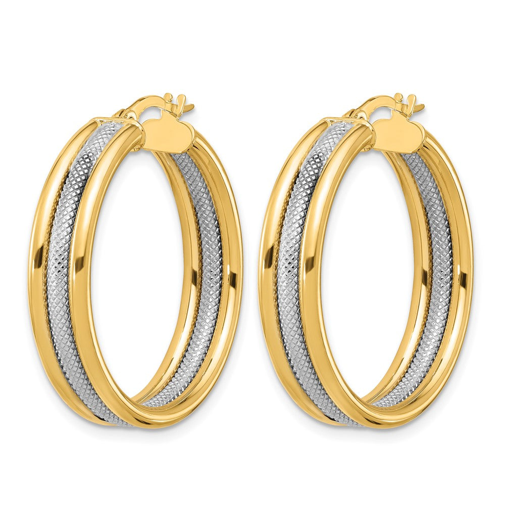 14K Yellow & Rhodium White Polished And Textured Triple Hoop Earrings