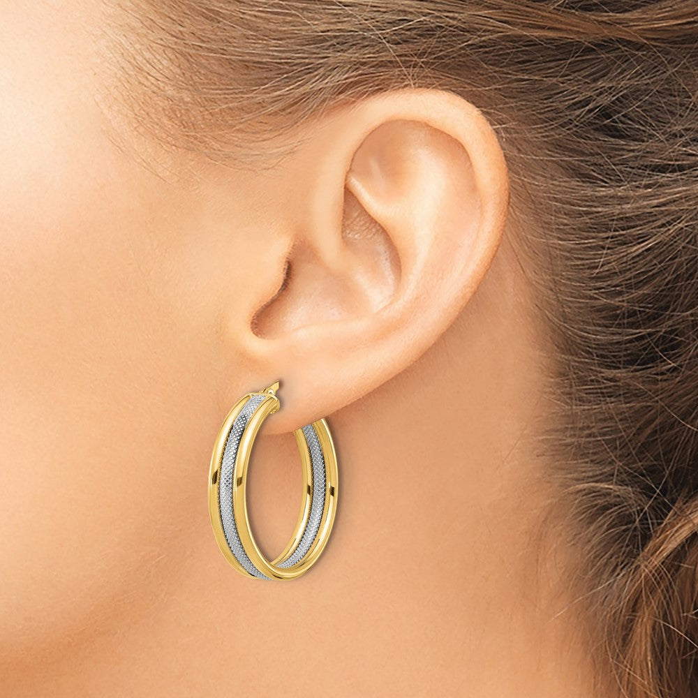 14K Yellow & Rhodium White Polished And Textured Triple Hoop Earrings