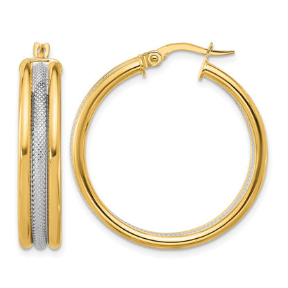 14K Yellow & Rhodium White Polished And Textured Triple Hoop Earrings