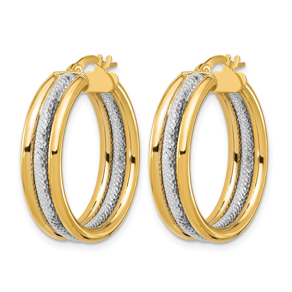 14K Yellow & Rhodium White Polished And Textured Triple Hoop Earrings