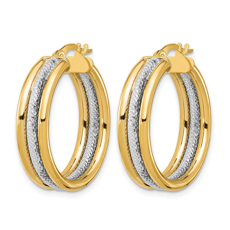 14K Yellow & Rhodium White Polished And Textured Triple Hoop Earrings