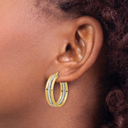 14K Yellow & Rhodium White Polished And Textured Triple Hoop Earrings