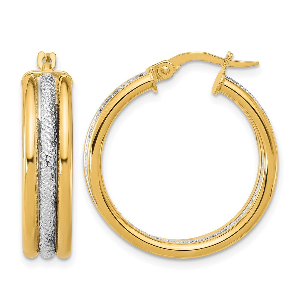 14K Yellow & Rhodium White Polished And Textured Triple Hoop Earrings