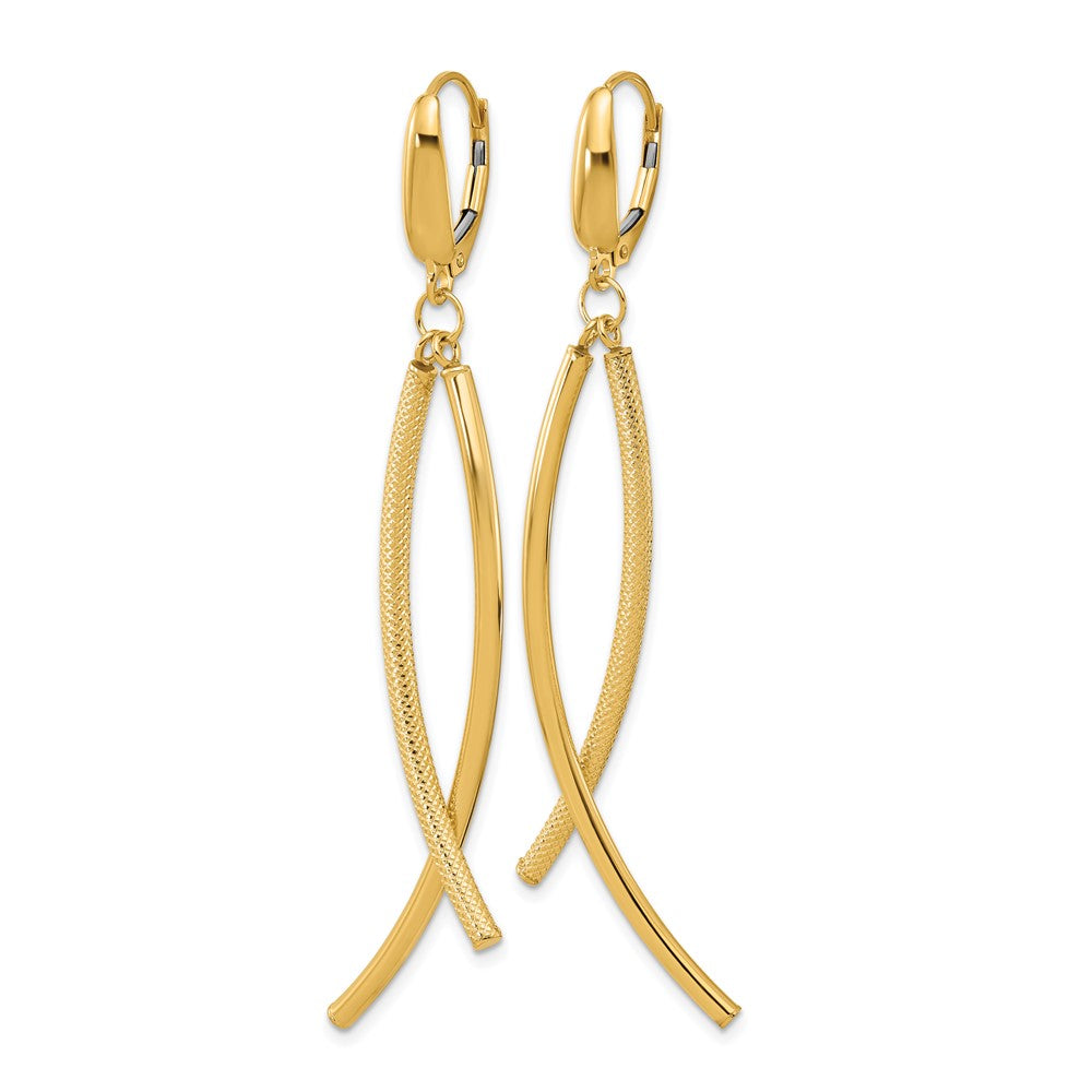 14K Yellow Gold Polished And Textured Tube Dangle Leverback Earrings
