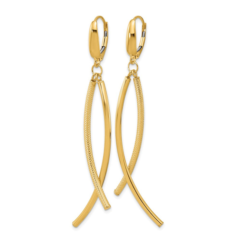 14K Yellow Gold Polished And Textured Tube Dangle Leverback Earrings