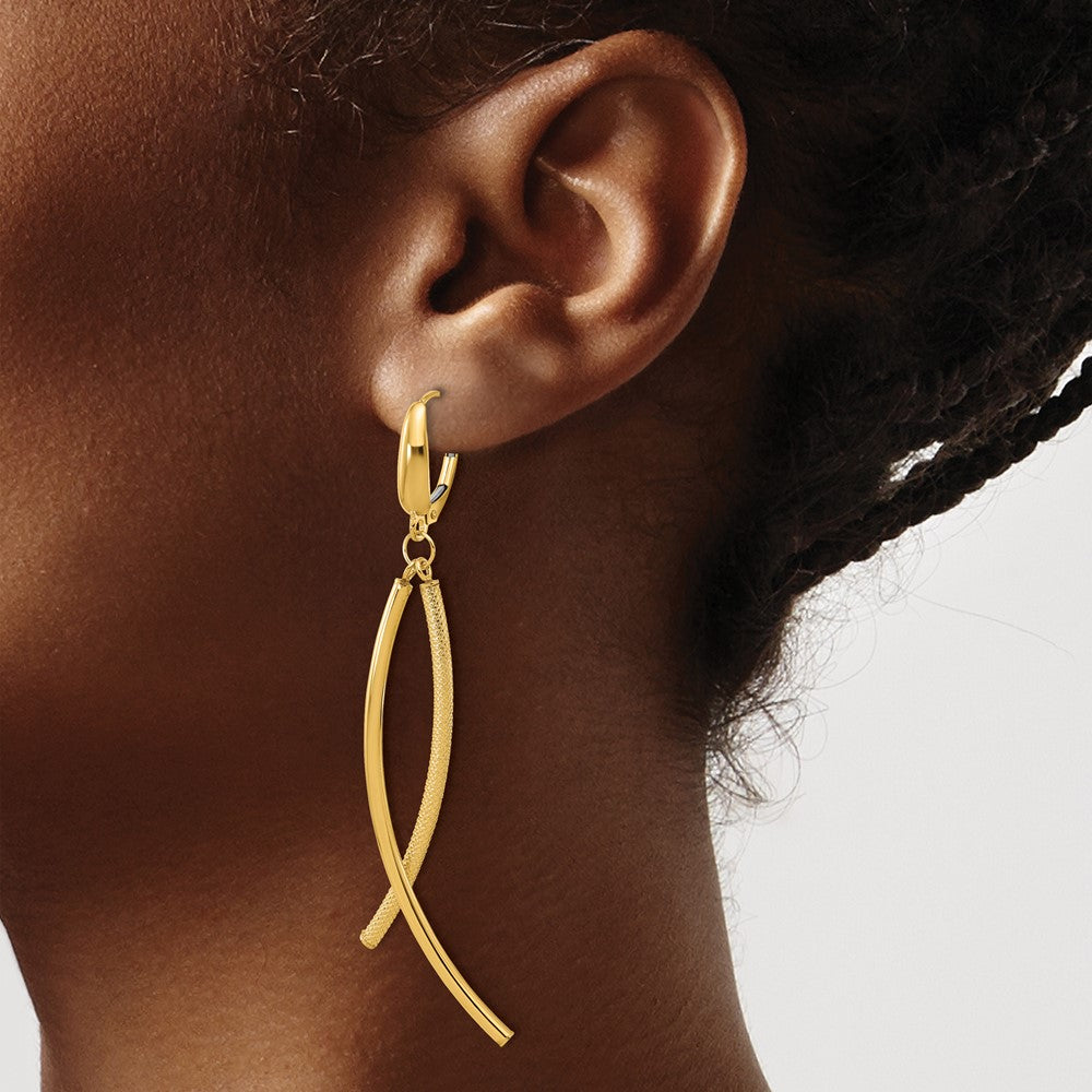 14K Yellow Gold Polished And Textured Tube Dangle Leverback Earrings