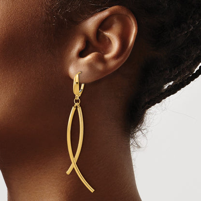 14K Yellow Gold Polished And Textured Tube Dangle Leverback Earrings