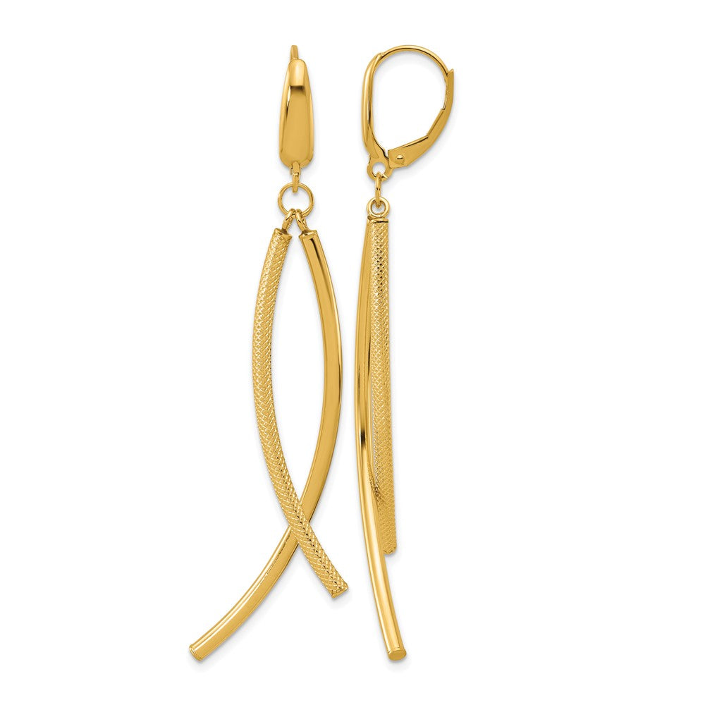 14K Yellow Gold Polished And Textured Tube Dangle Leverback Earrings