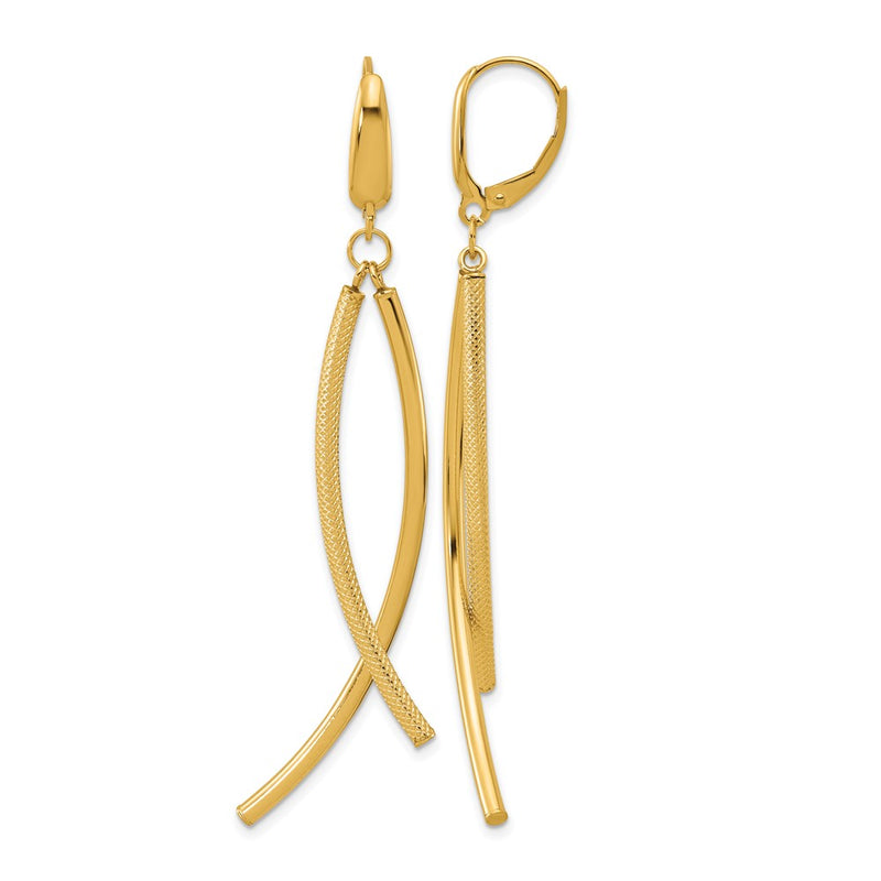 14K Yellow Gold Polished And Textured Tube Dangle Leverback Earrings