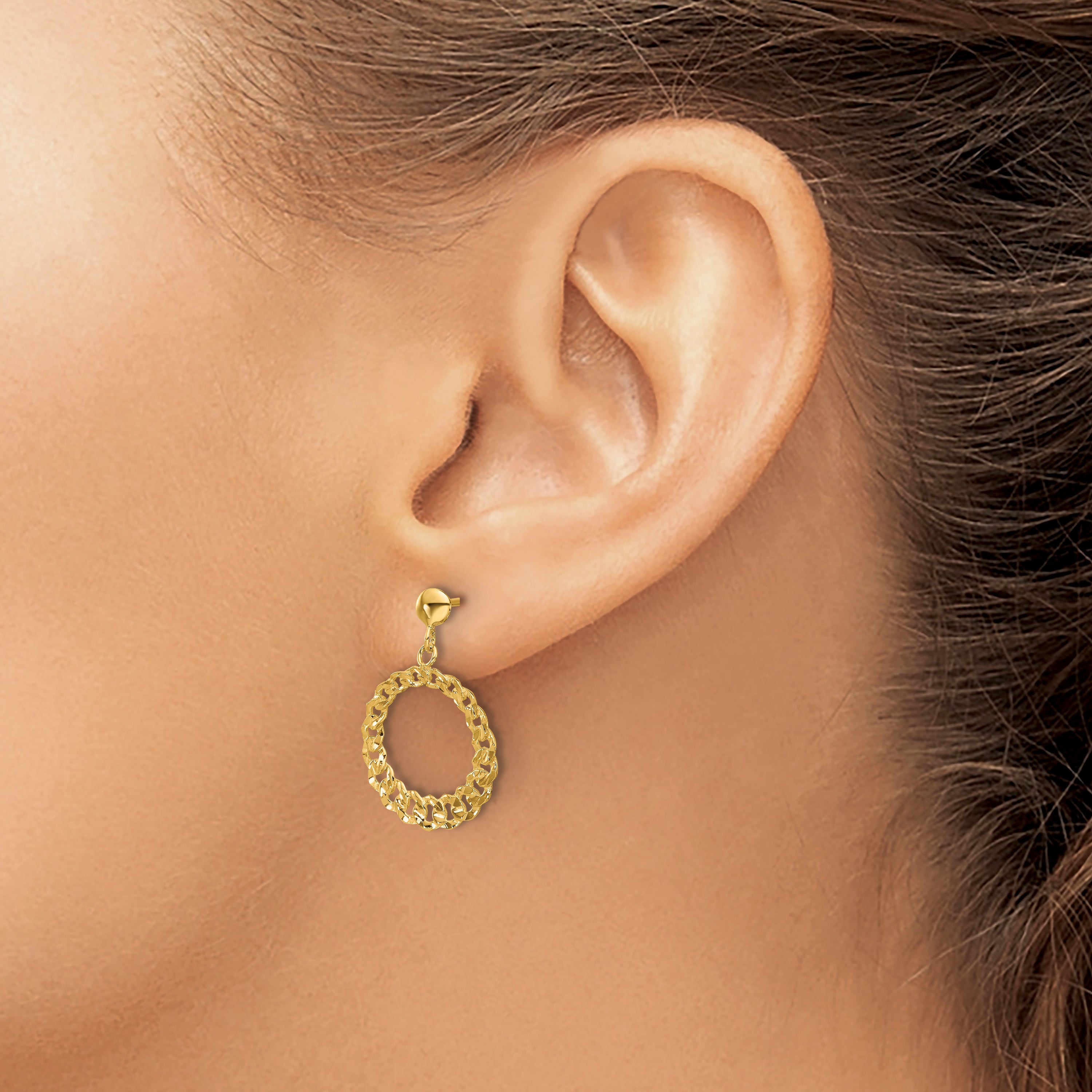 14K Yellow Gold Polished And Diamond Cut Circles Dangle Post Earrings