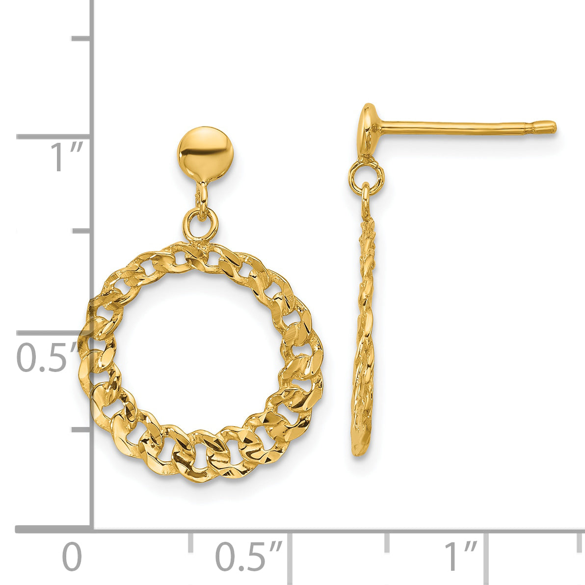 14K Yellow Gold Polished And Diamond Cut Circles Dangle Post Earrings
