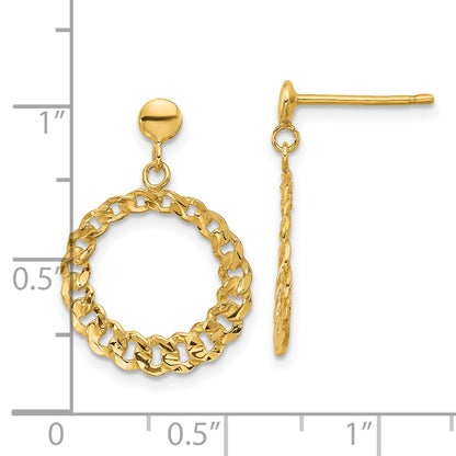 14K Yellow Gold Polished And Diamond Cut Circles Dangle Post Earrings