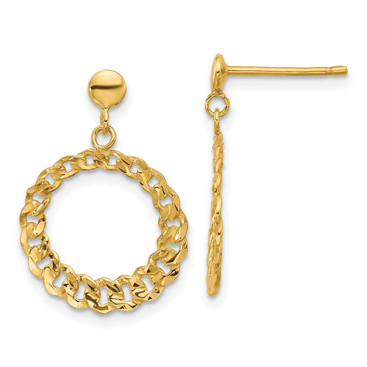 14K Yellow Gold Polished And Diamond Cut Circles Dangle Post Earrings