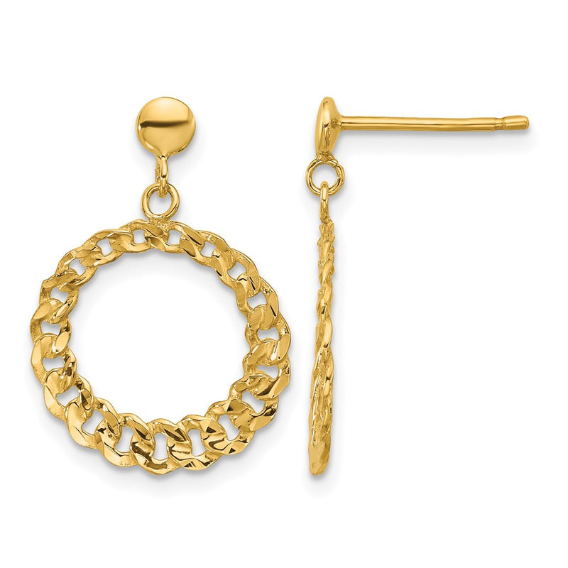 14K Yellow Gold Polished And Diamond Cut Circles Dangle Post Earrings
