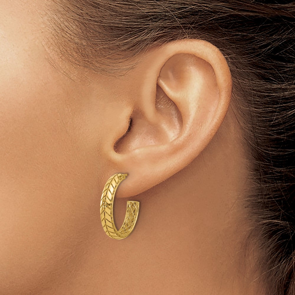 14K Yellow Gold Polished Design J Hoop Patterned Earrings