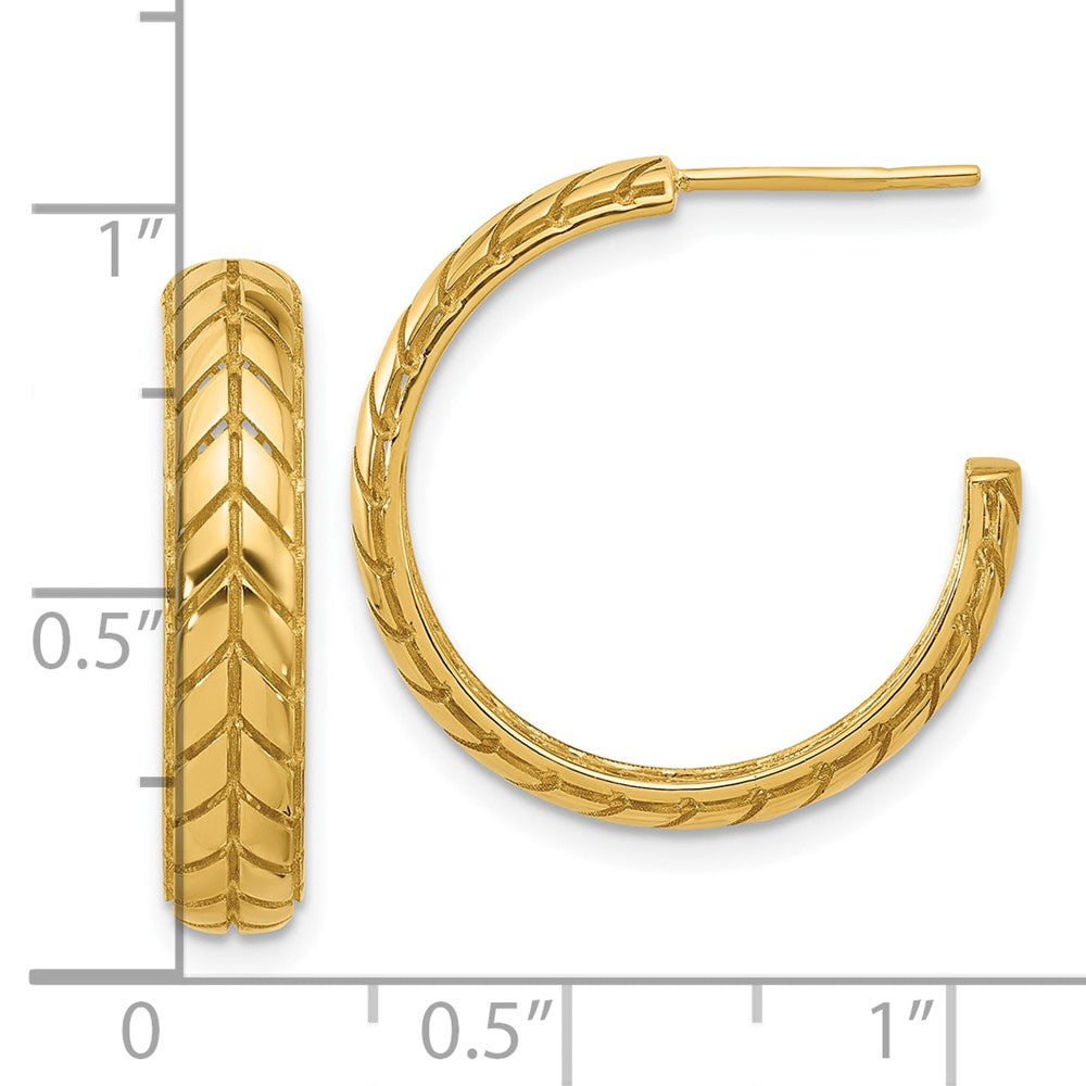 14K Yellow Gold Polished Design J Hoop Patterned Earrings