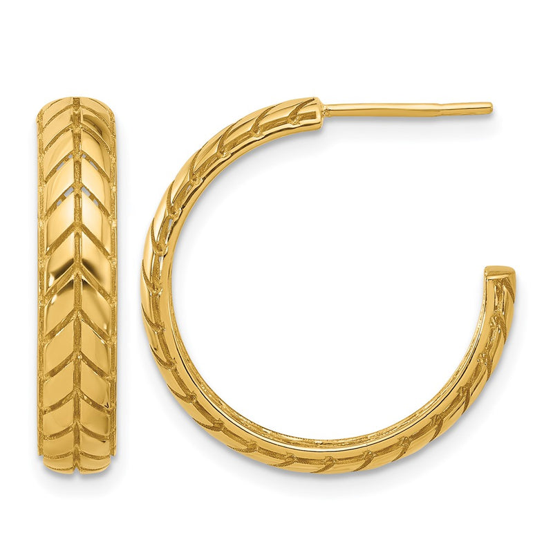 14K Yellow Gold Polished Design J Hoop Patterned Earrings
