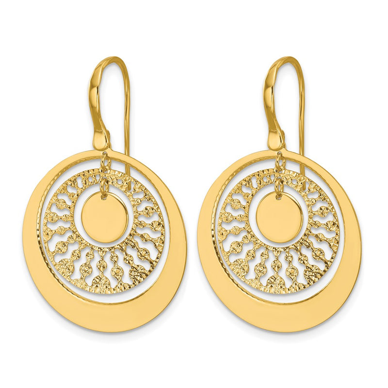 14K Yellow Gold Polished And Diamond Cut Circles Dangle Earrings