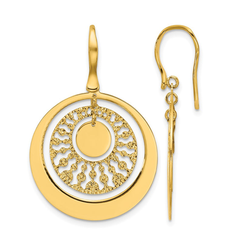 14K Yellow Gold Polished And Diamond Cut Circles Dangle Earrings