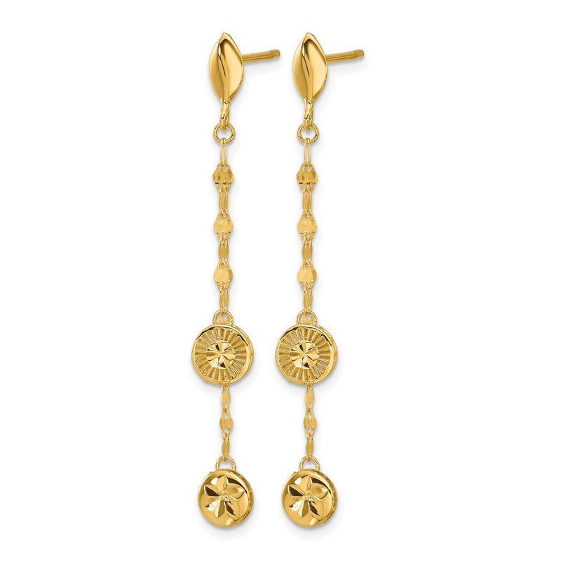 14K Yellow Gold Polished And Diamond Cut Disc Dangle Post Earrings