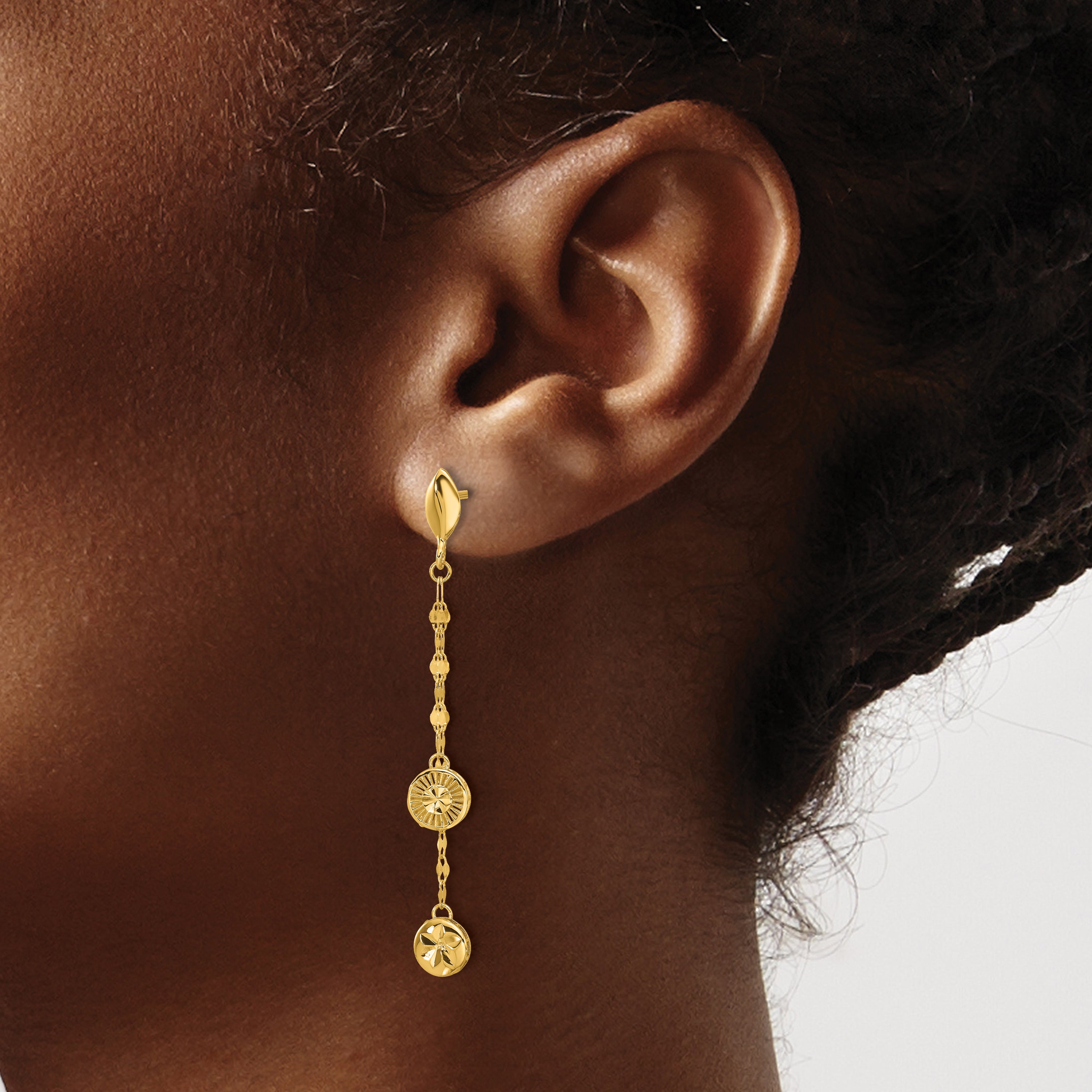 14K Yellow Gold Polished And Diamond Cut Disc Dangle Post Earrings