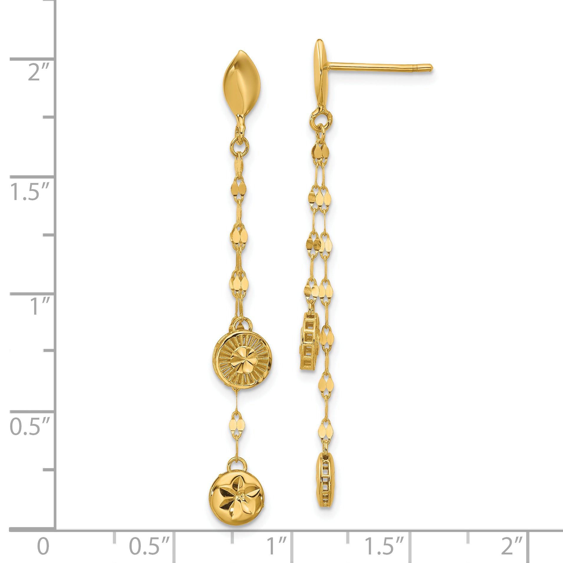 14K Yellow Gold Polished And Diamond Cut Disc Dangle Post Earrings