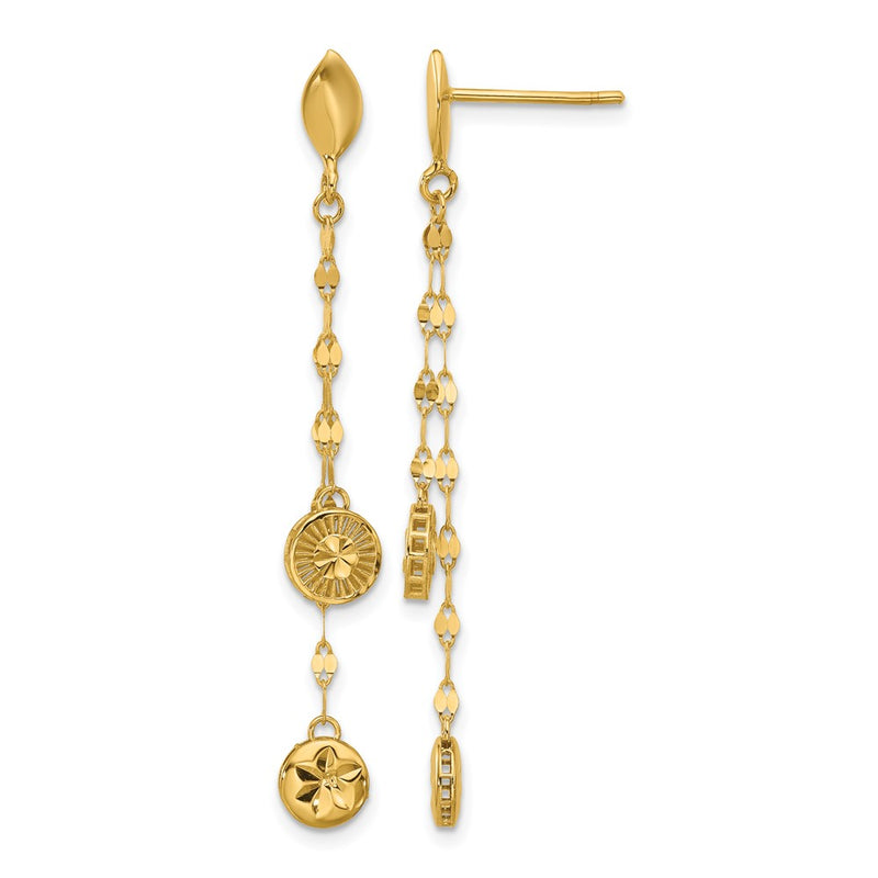 14K Yellow Gold Polished And Diamond Cut Disc Dangle Post Earrings