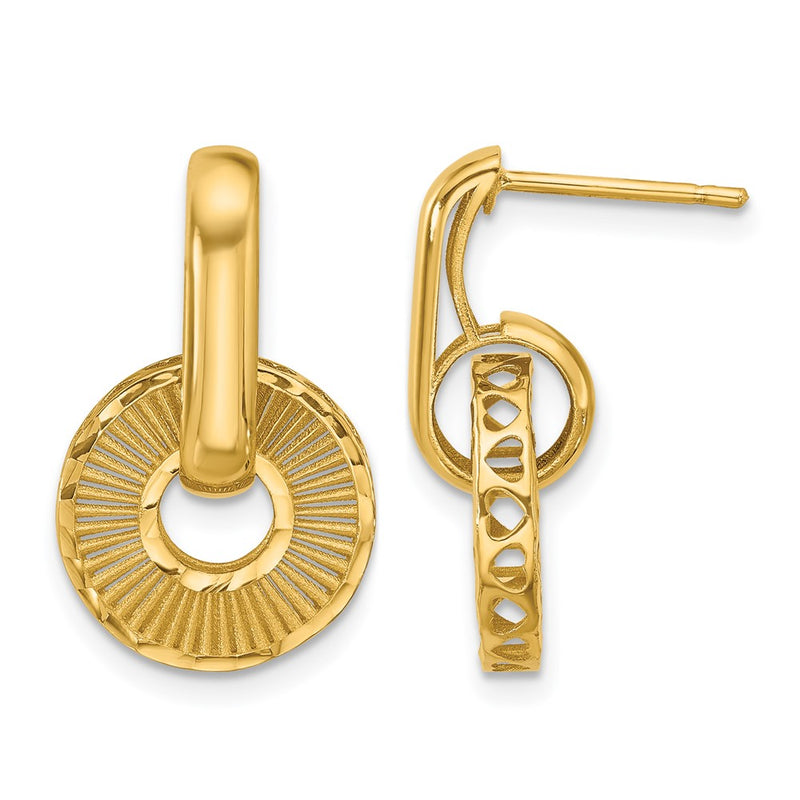 14K Yellow Gold Polished And Diamond Cut Dangle Post Earrings