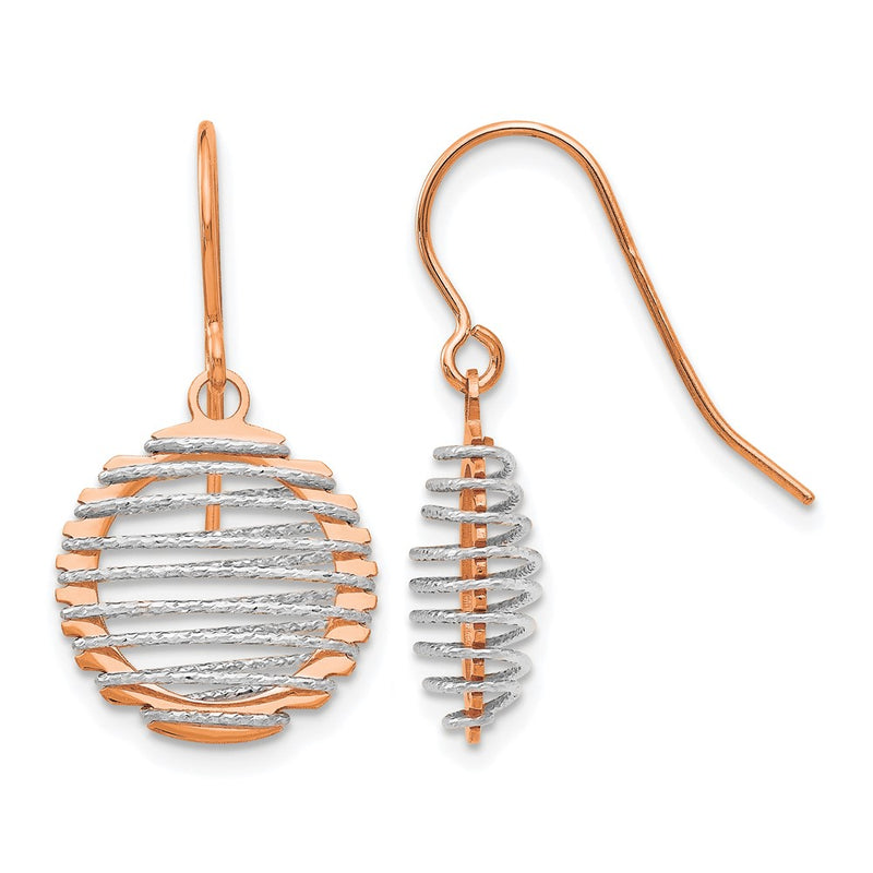 14K White/Rose Gold Two Tone Polished Wire Wrapped Dangle Earrings