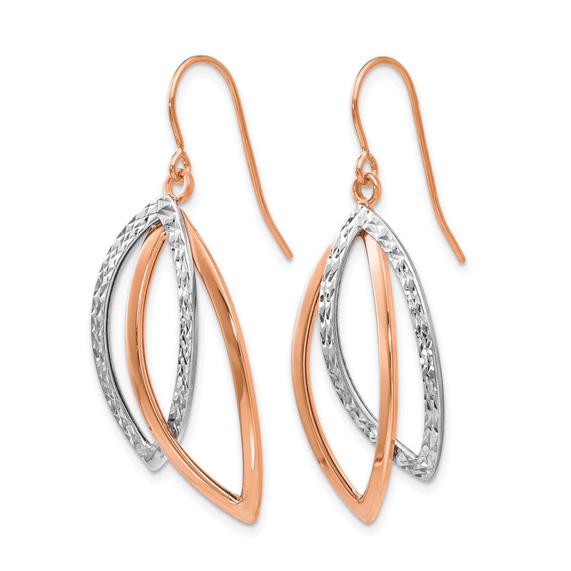14K White/Rose Gold Two Tone Polish/Textured Wire Dangle Earrings