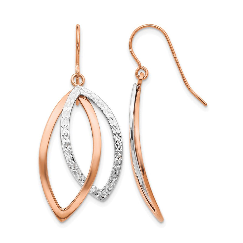 14K White/Rose Gold Two Tone Polish/Textured Wire Dangle Earrings