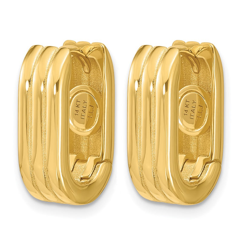 14K Yellow Gold Polished / Grooved Hinged Huggie Hoop Earrings