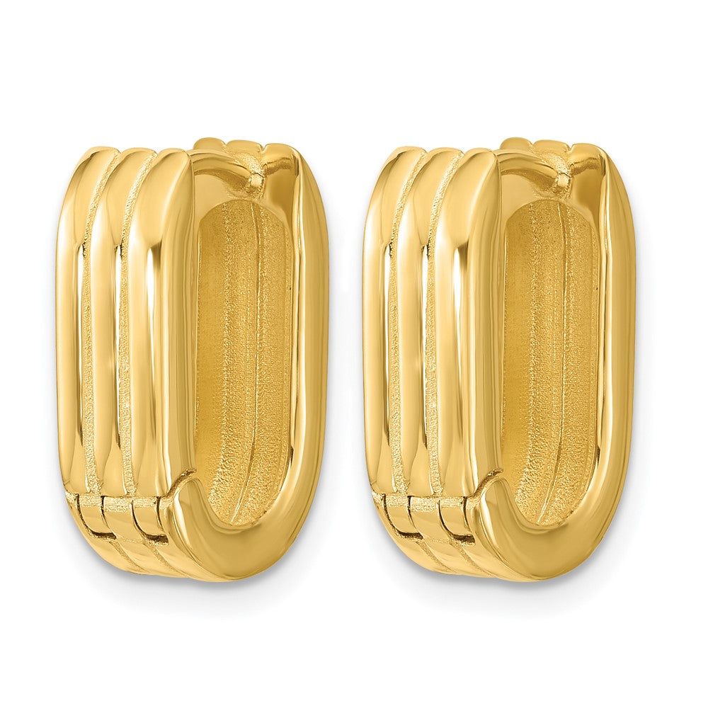 14K Yellow Gold Polished / Grooved Hinged Huggie Hoop Earrings