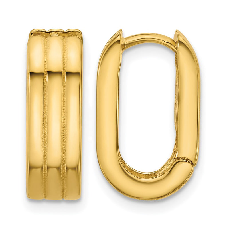 14K Yellow Gold Polished / Grooved Hinged Huggie Hoop Earrings