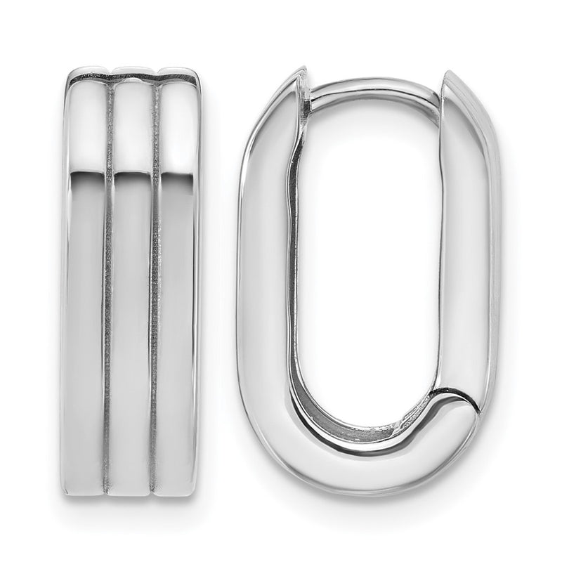 14K White Gold Wg Polished / Grooved Hinged Huggie Hoop Earrings
