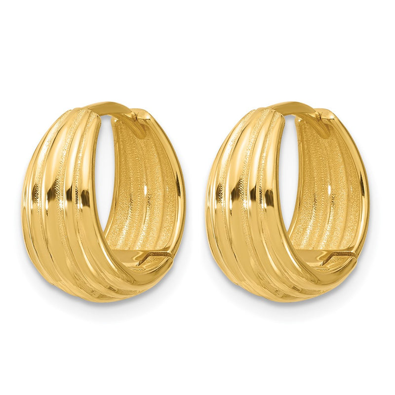 14K Yellow Gold Polished/Grooved Round Huggie Hoop Earrings