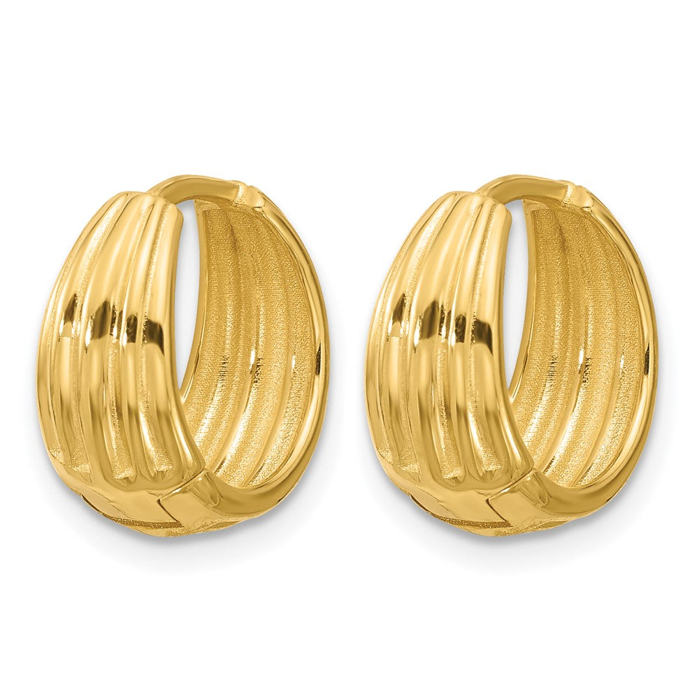 14K Yellow Gold Polished/Grooved Round Huggie Hoop Earrings