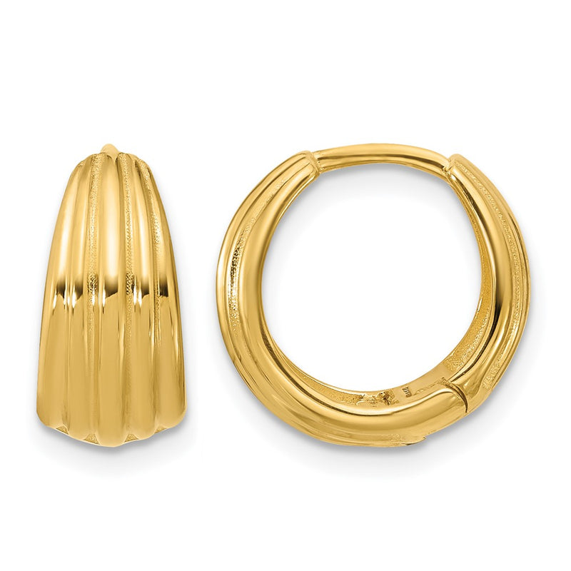14K Yellow Gold Polished/Grooved Round Huggie Hoop Earrings