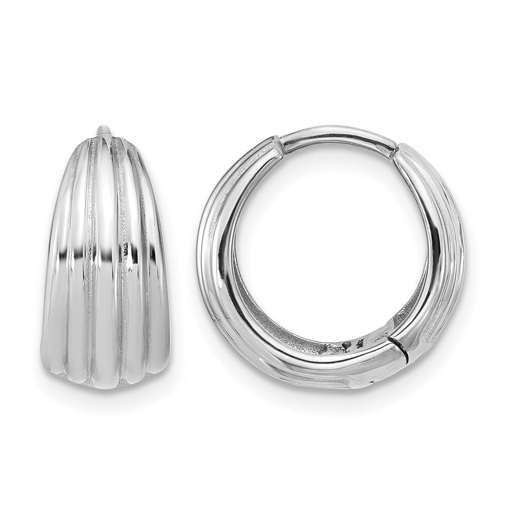 14K White Gold Wg Polished/Grooved Round Huggie Hoop Earrings