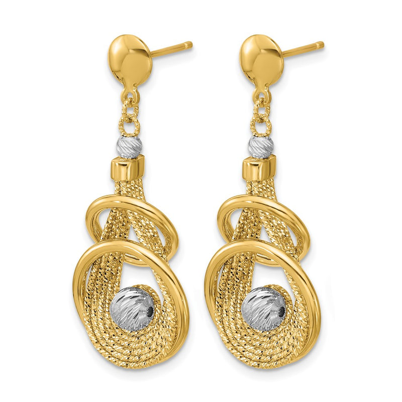 14K Two Tone Tt Polished/Dia Cut Fancy Teardrop Dangle Post Earrings