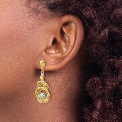 14K Two Tone Tt Polished/Dia Cut Fancy Teardrop Dangle Post Earrings