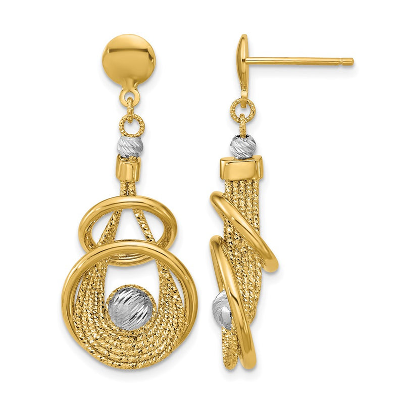 14K Two Tone Tt Polished/Dia Cut Fancy Teardrop Dangle Post Earrings