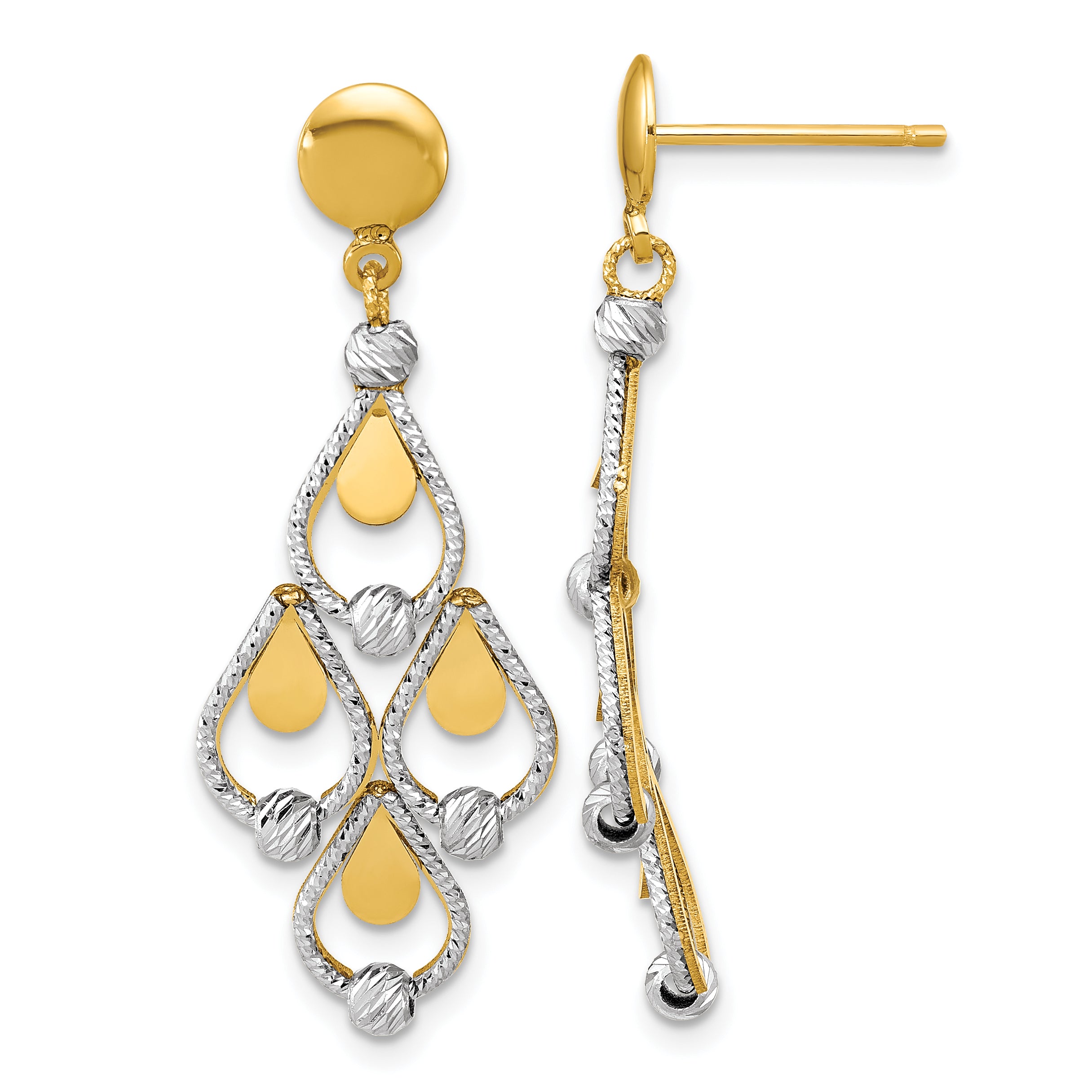 14K Two Tone Tt Polished / Dia Cut Chandelier Dangle Post Earrings