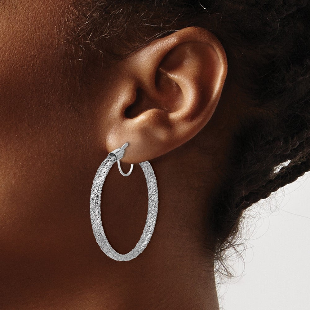 14K Yellow & Rhodium White Rh Plating Polished Mesh Round Hoop Earrings