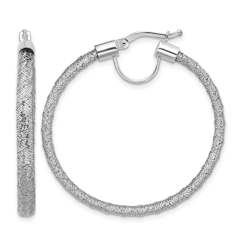 14K Yellow & Rhodium White Rh Plating Polished Mesh Round Hoop Earrings